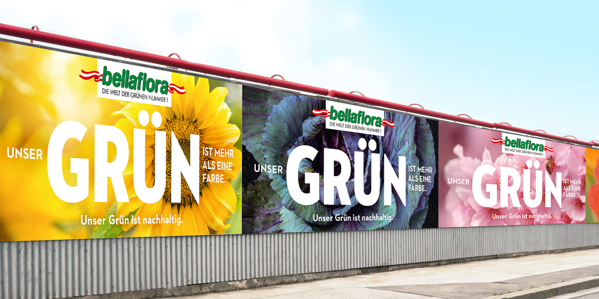 Eine Plakat-Dominanz für Bellaflora. Zu sehen sind Closeups von Blüten und Gemüse in unterschiedlichen Farben. Über allen steht groß das Wort "Grün".