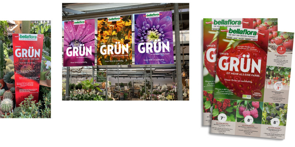 POS Maßnahmen und Flugblattcover der Bellaflora-Kampagne.