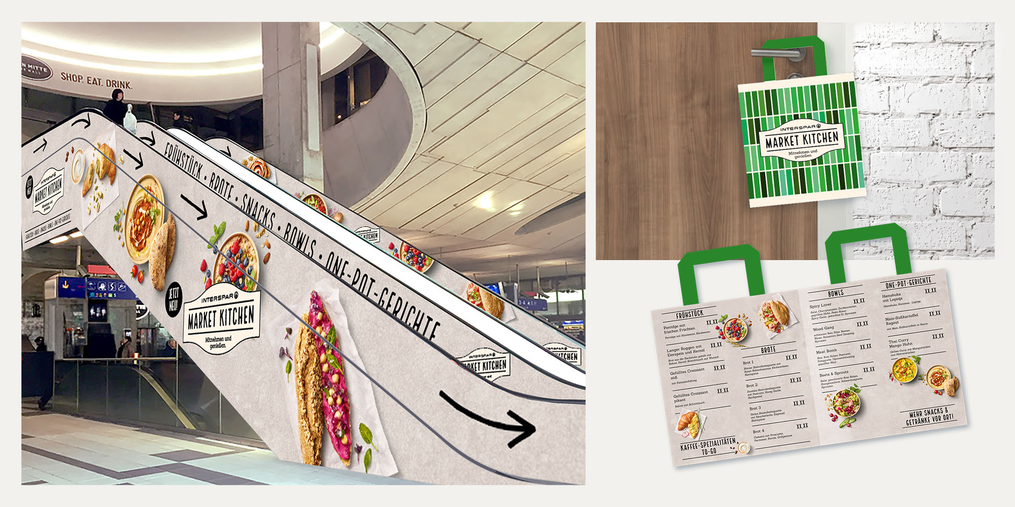 Rolltreppenwerbung und Doorhanger zur Bewerbung der Marketkitchen.