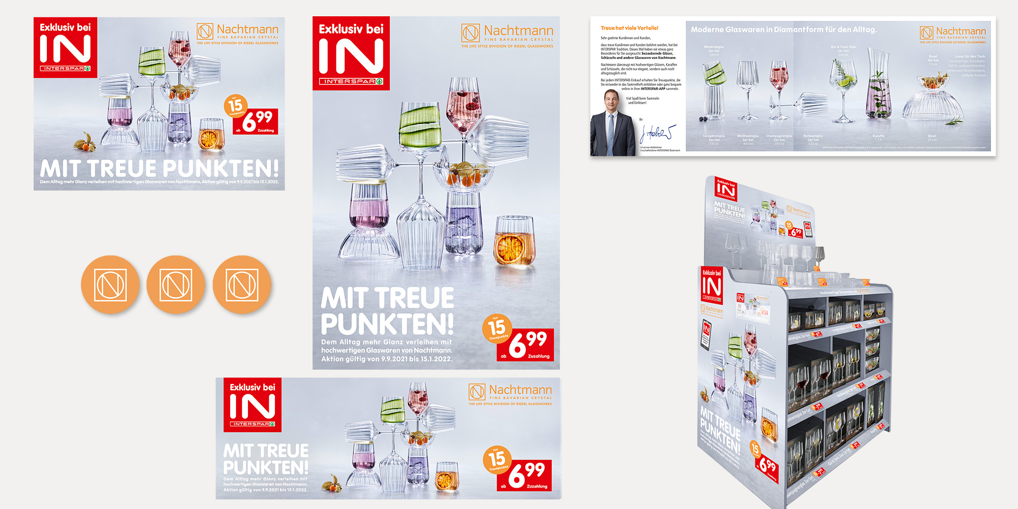 Übersicht der Werbemittel einer Interspar Treuepromotion.