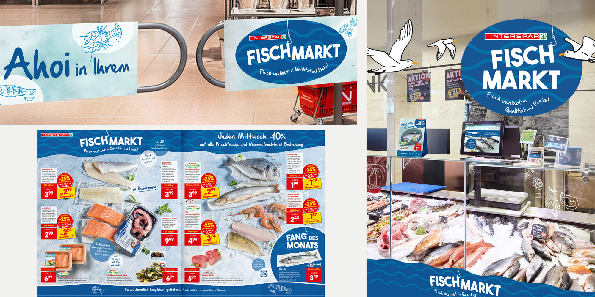 Flugblatt und POS-Ansichten des Interspar-Fischmarkts