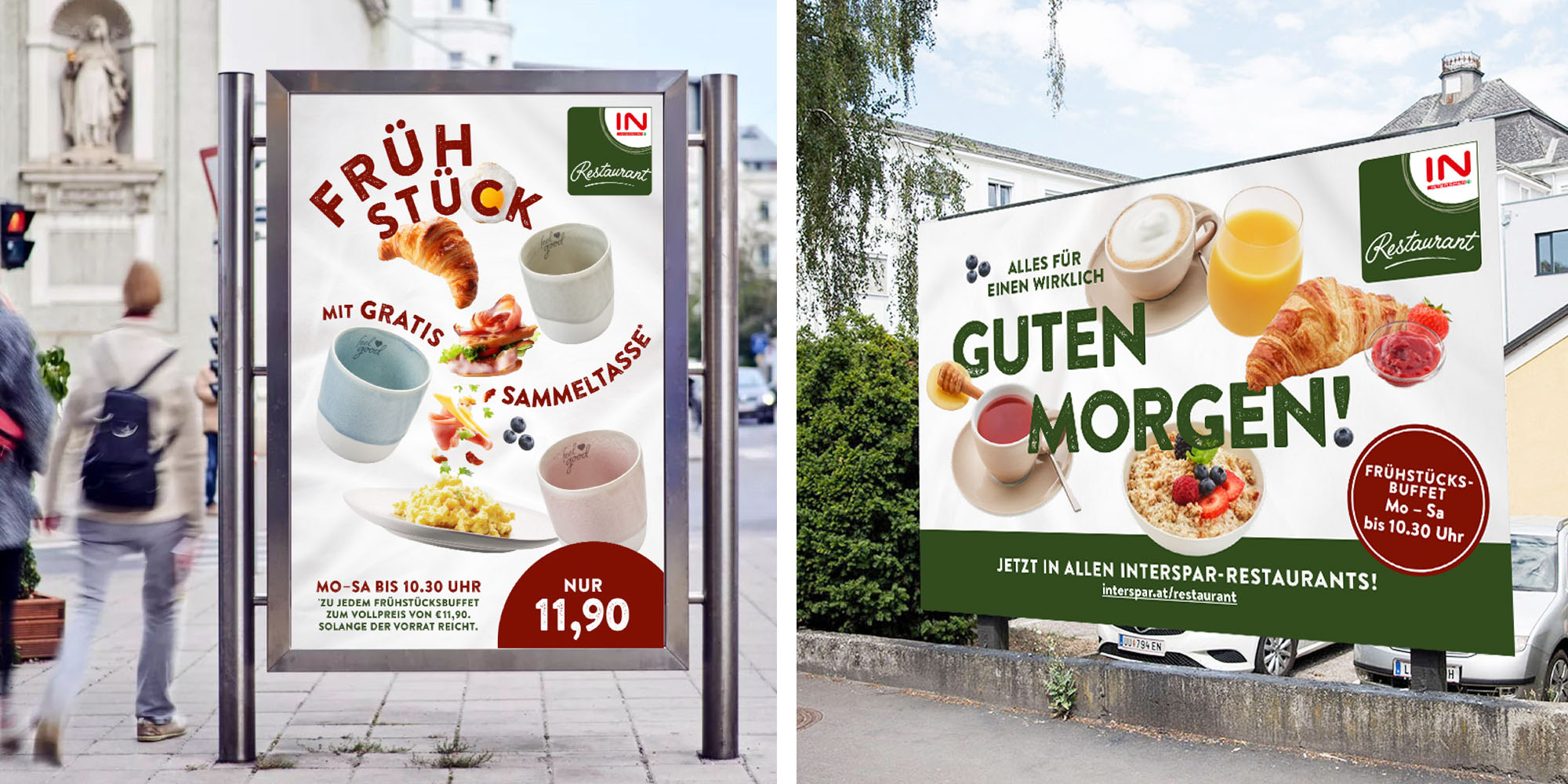2 Plakatstellen mit Sujets für das Interspar-Restaurant.