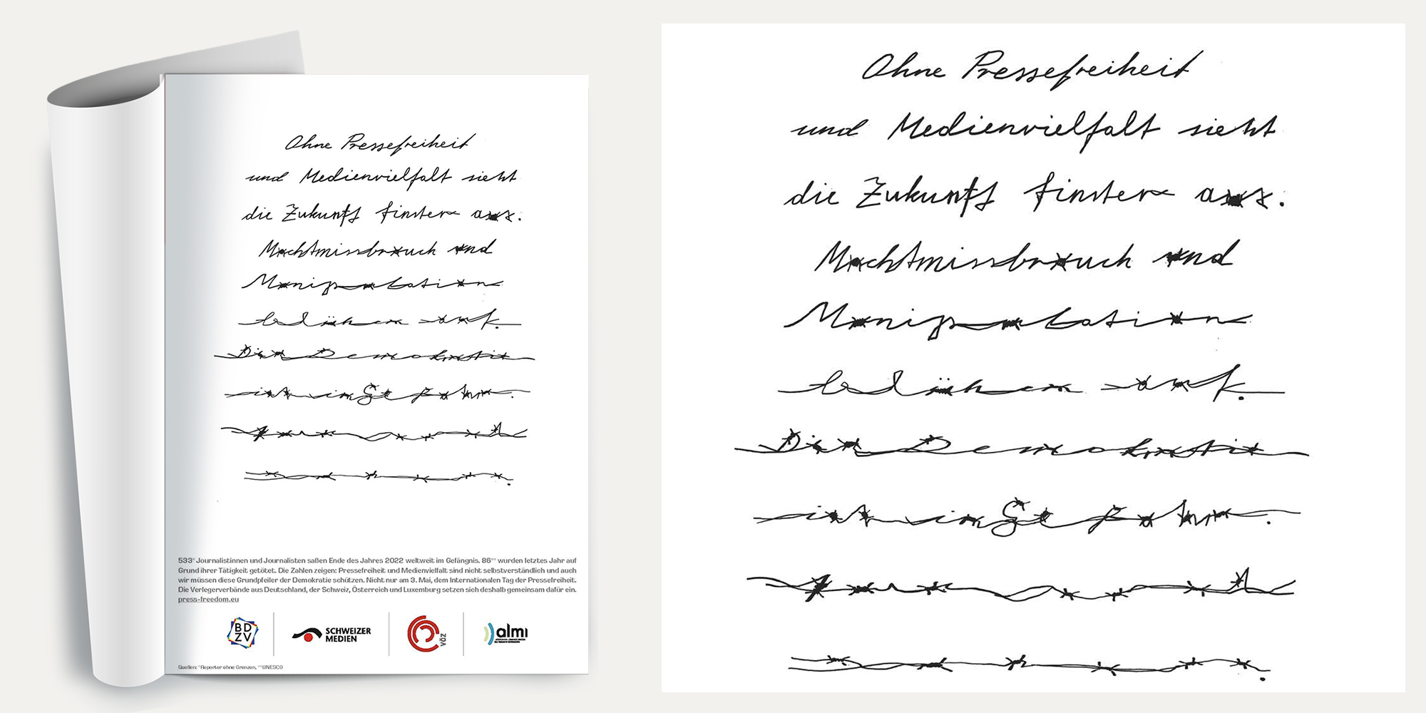 Ein Typo-Sujet für den VÖZ. Aus Handschriftlichem Text wird nach und nach ein Stacheldraht.