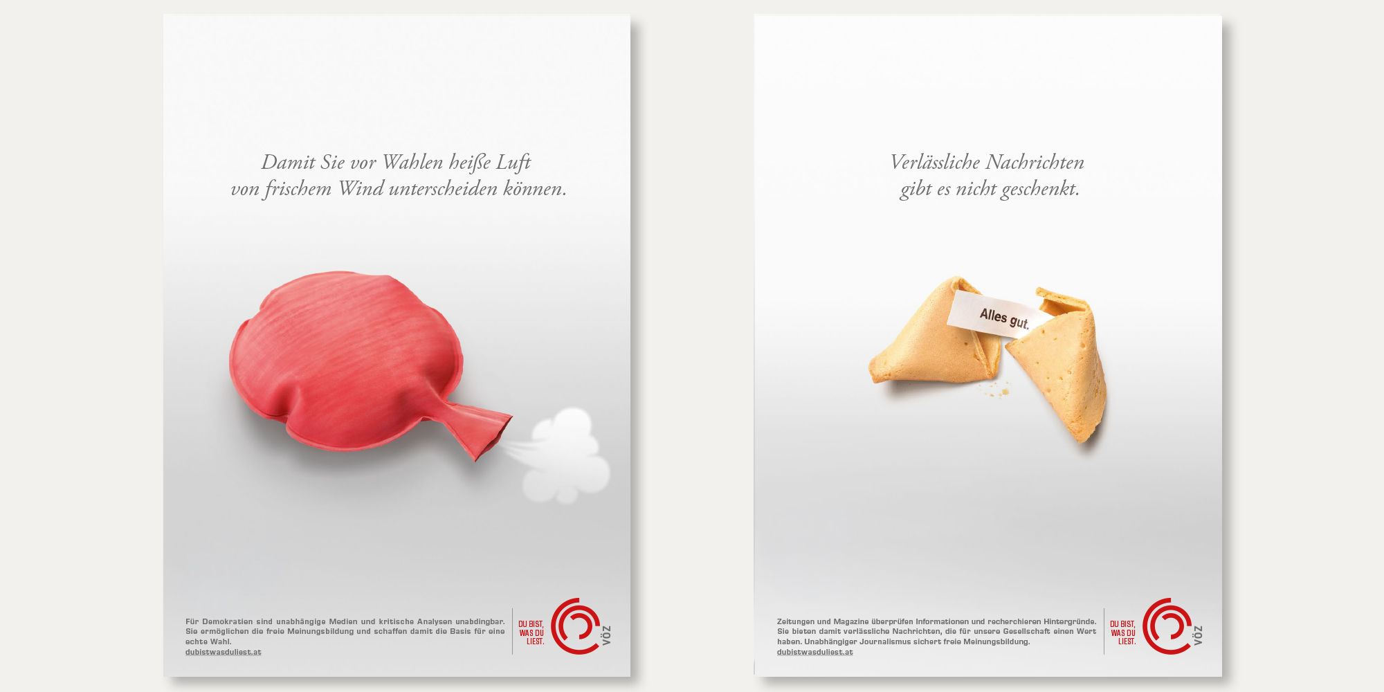 2 Printsujets einer VÖZ-Kampagne.