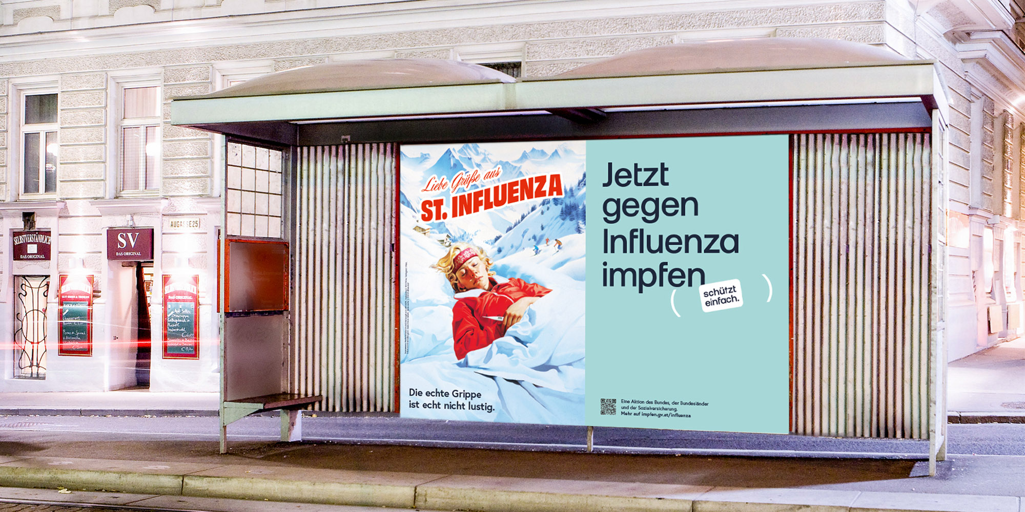 Plakat der Influenza-Impfkampagne im städtischen Umfeld.