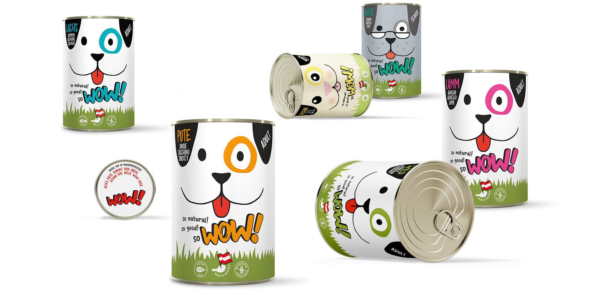 Verpackungsdesign für die Hundefuttermmarke WOW